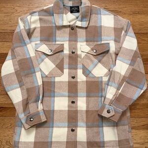 Plaid Button-Up Shirt Jacket in Brown and Cream